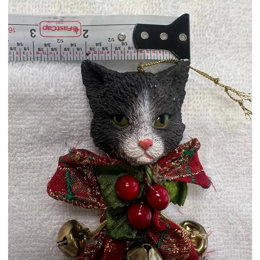 Vintage Style Tuxedo Cat Christmas Ornament Plaid Bow Jingle Bells 5” Chipped